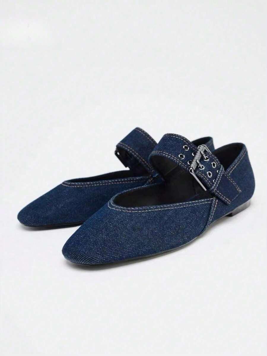 GRANATOWE BALERINY SPRZĄCZKA JEANS
