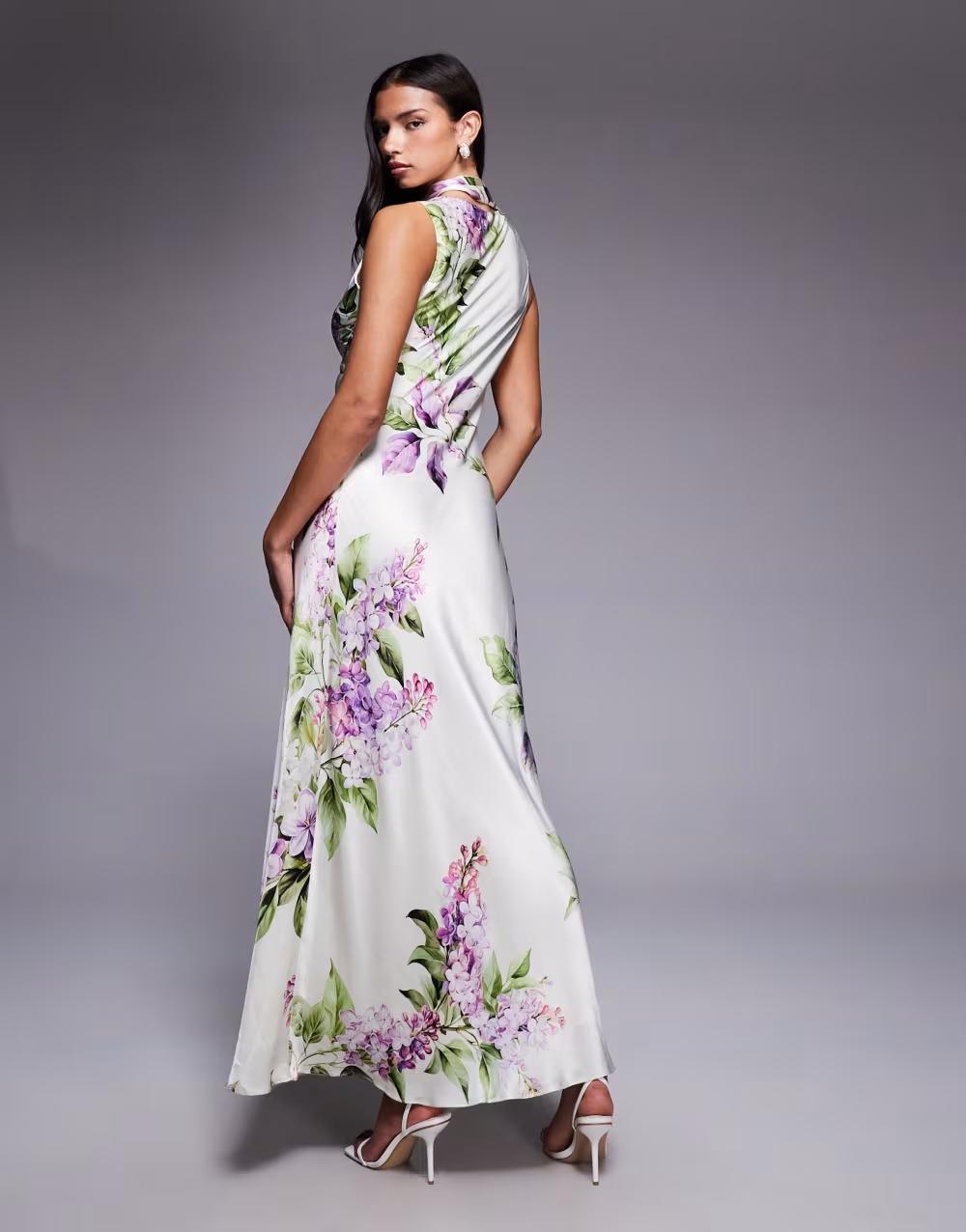 satynowa maxi sukienka w kwiaty