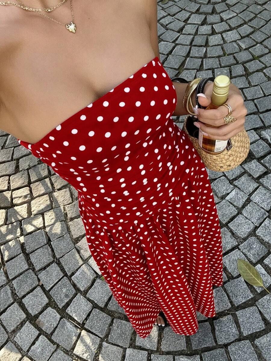 CZERWONA MAXI SUKIENKA GROSZKI