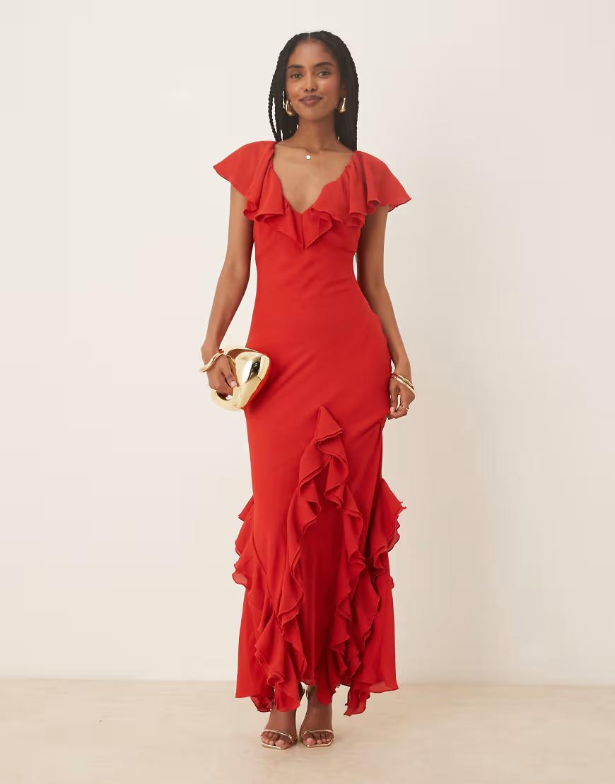 CZERWONA MAXI SUKIENKA V-NECK FALBANY