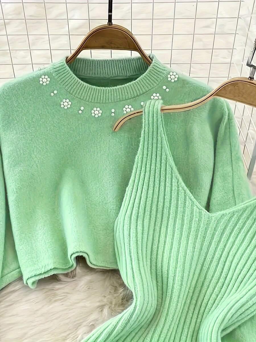 zielony komplet sukienka sweter
