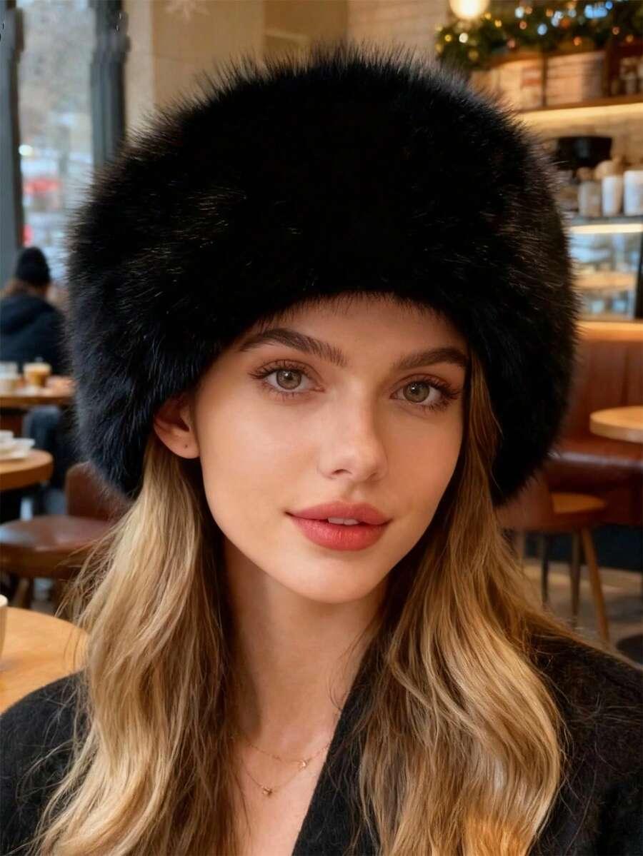 czarna czapka imitacja futra