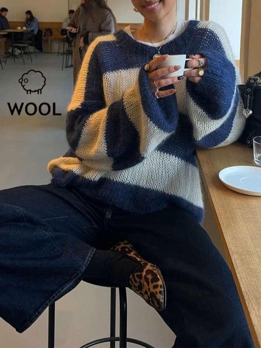 sweter w paski z domieszką wełny