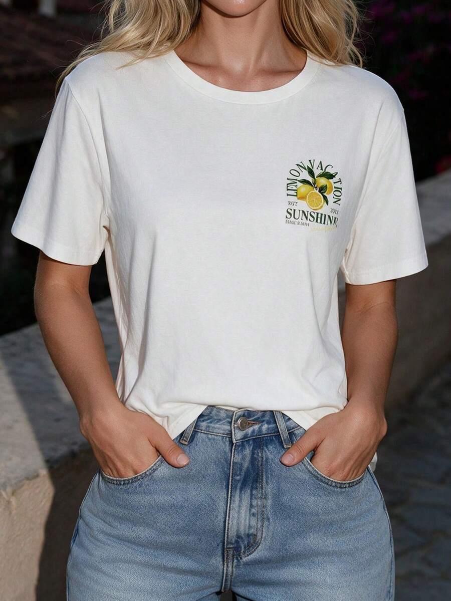 BIAŁY T-SHIRT OKRĄGŁY DEKOLT NADRUK