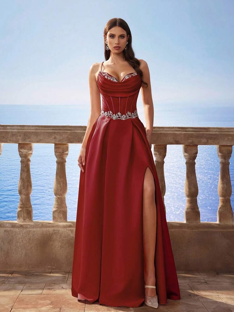 satynowa maxi sukienka rozcięcie zdobienia cross back