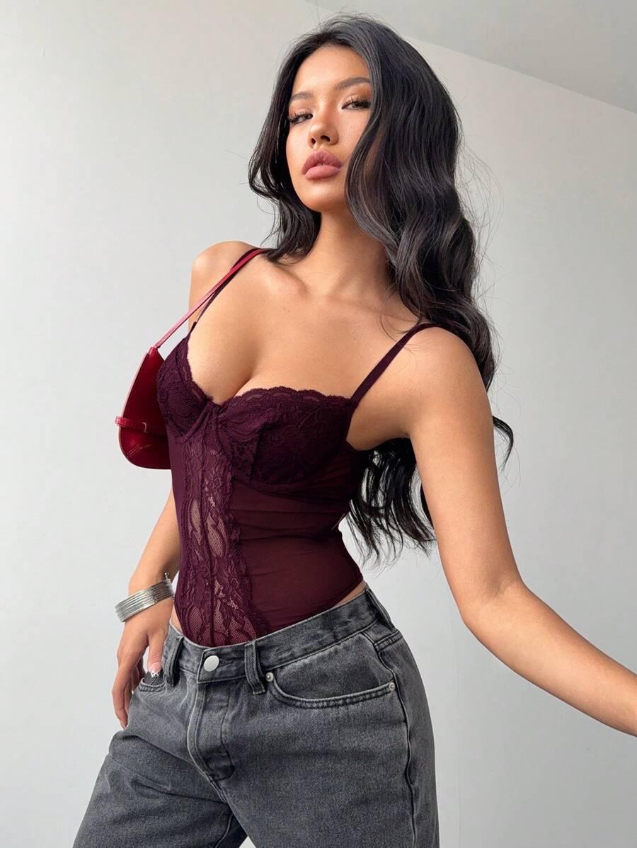 burgundowe body koronka siateczka