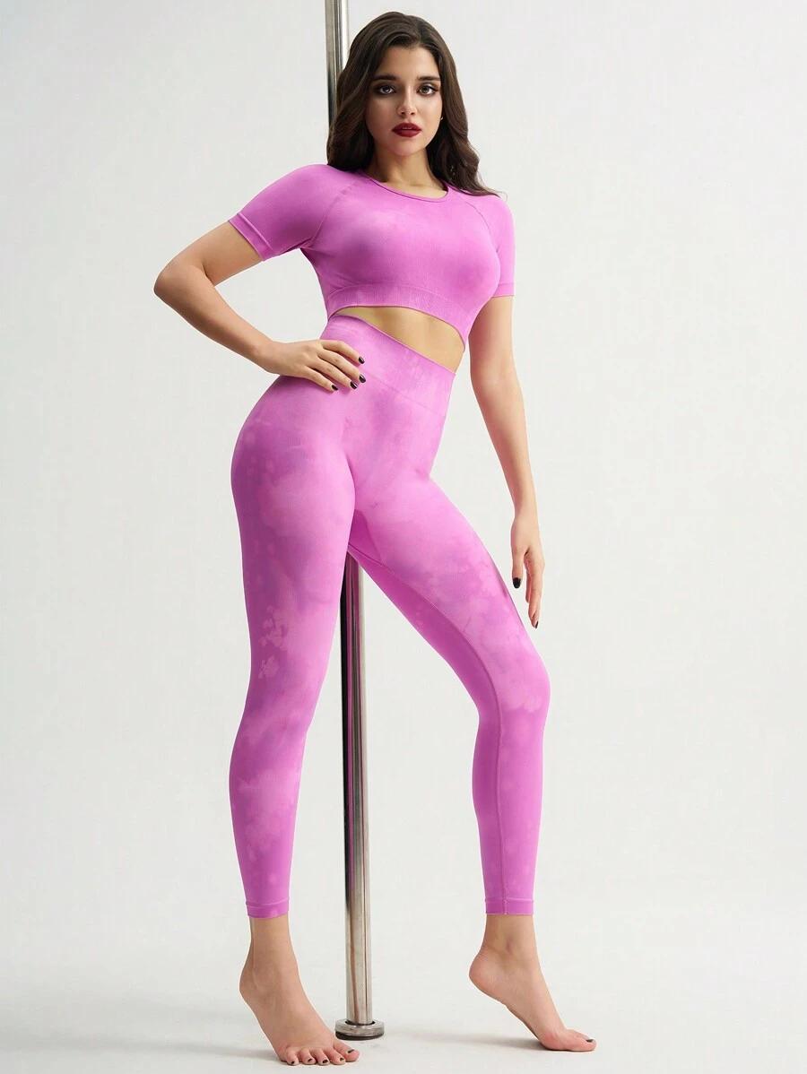 fioletowy komplet top legginsy