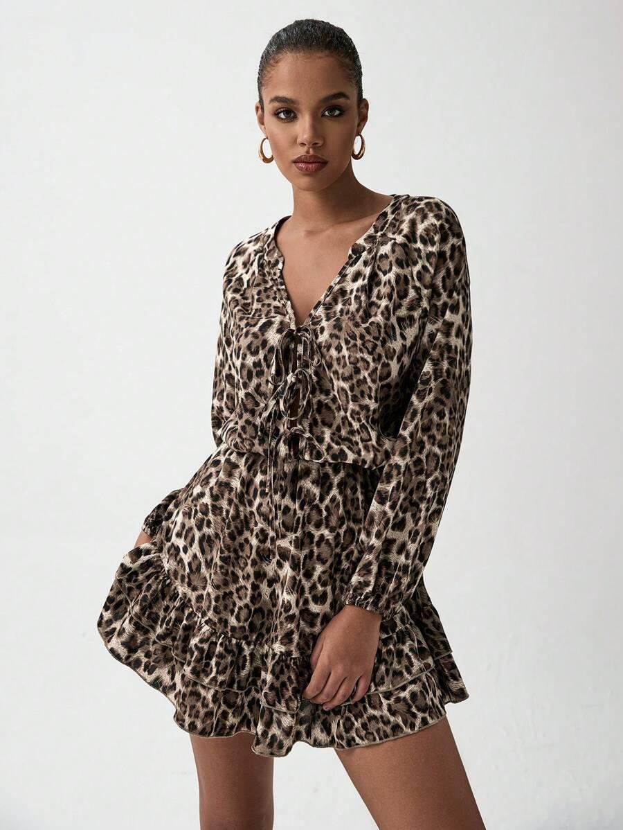 mini sukienka długi rękaw animal print wiązanie 