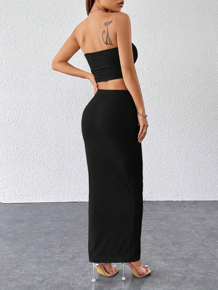 czarny komplet crop top maxi spódnica 
