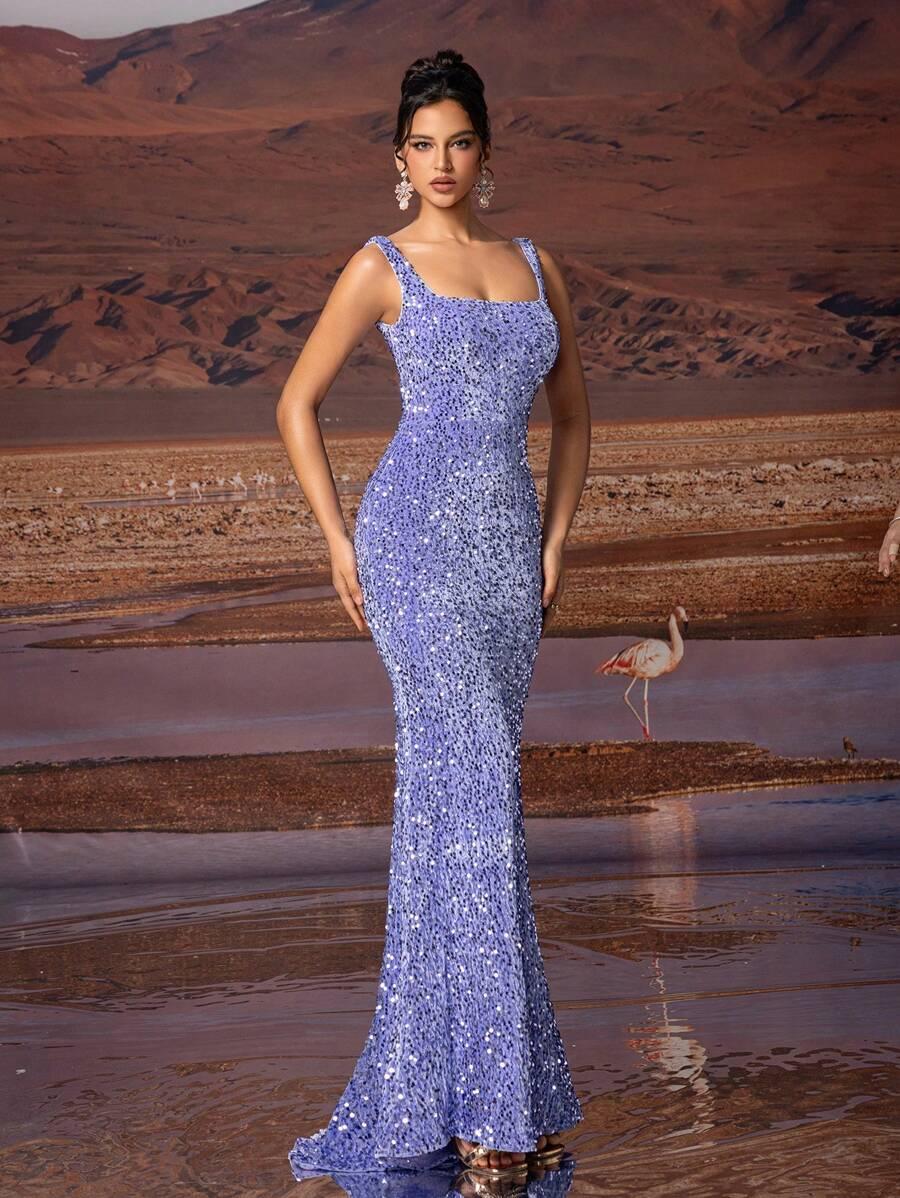 fioletowa maxi sukienka cekiny