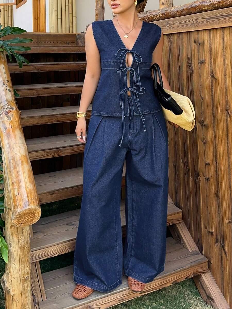 komplet jeans spodnie top