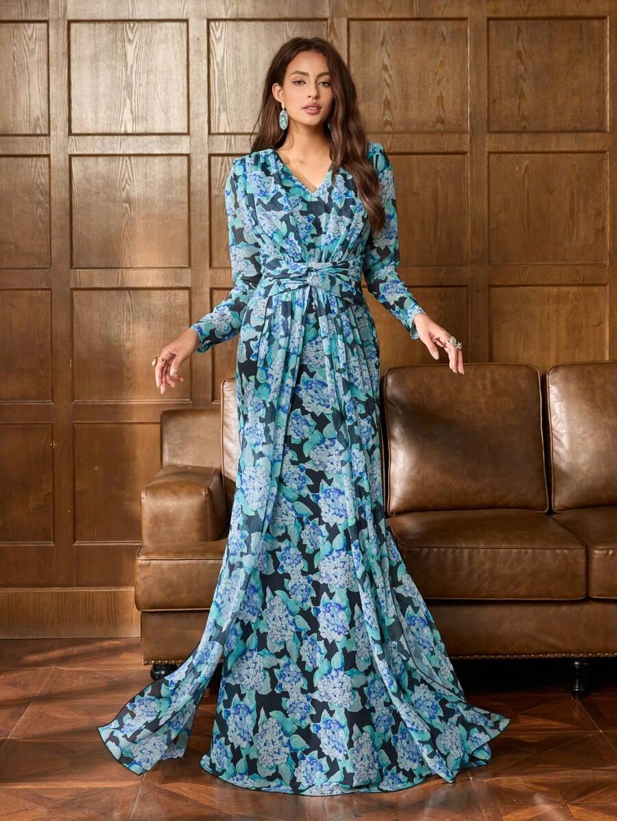 maxi sukienka długi rękaw wzór v neck