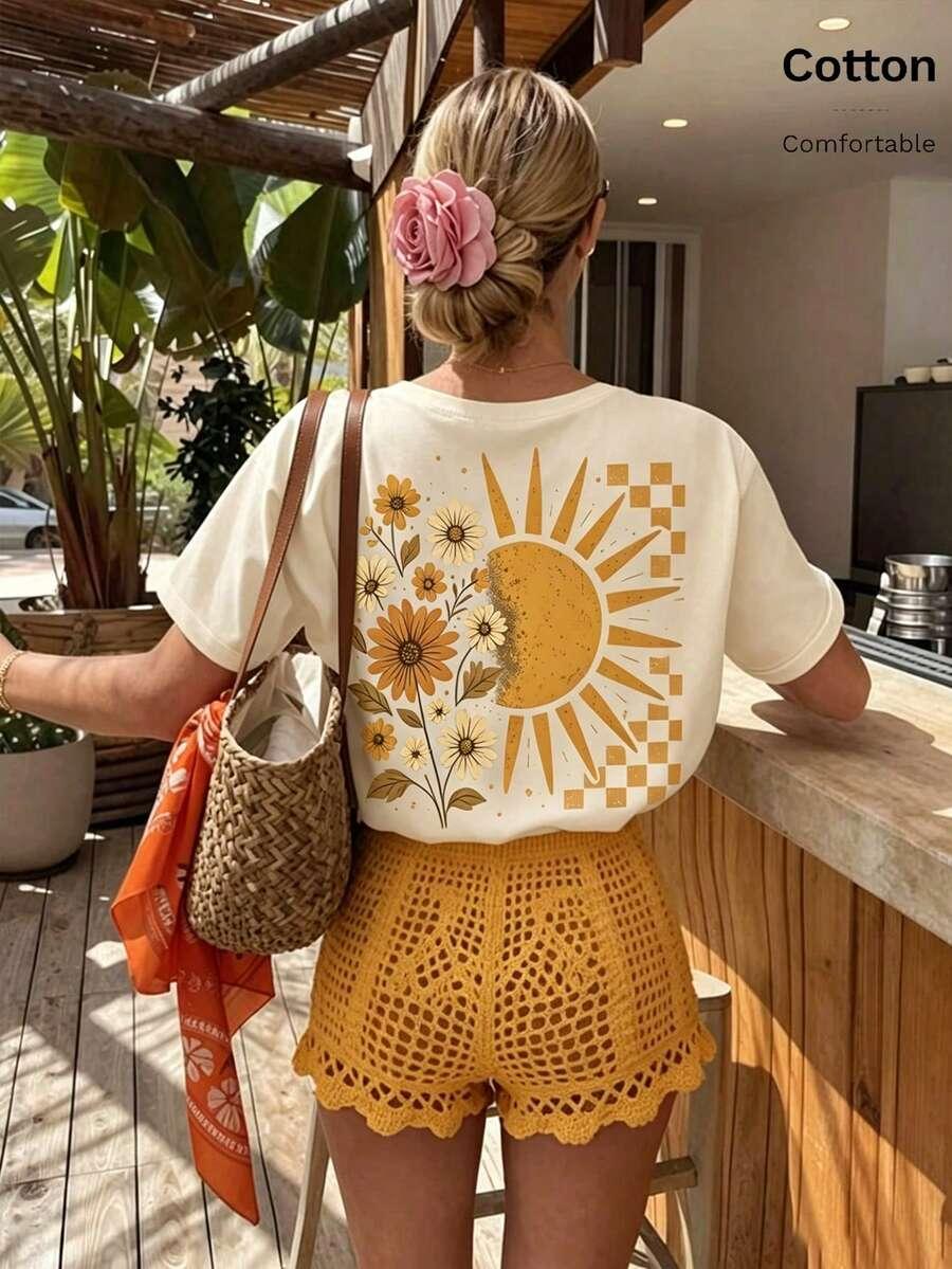 beżowy t-shirt nadruk