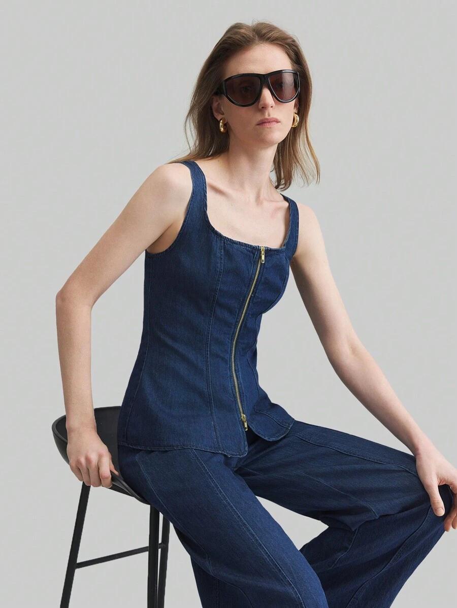 TOP DAMSKI JEANSOWY BEZ RĘKAWÓW MINIMALISTYCZNY 