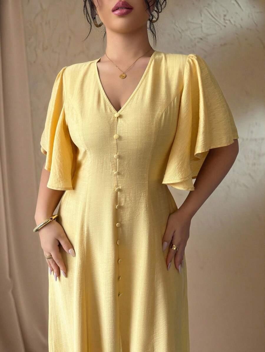 ŻÓŁTA SUKIENKA GUZIKI V-NECK