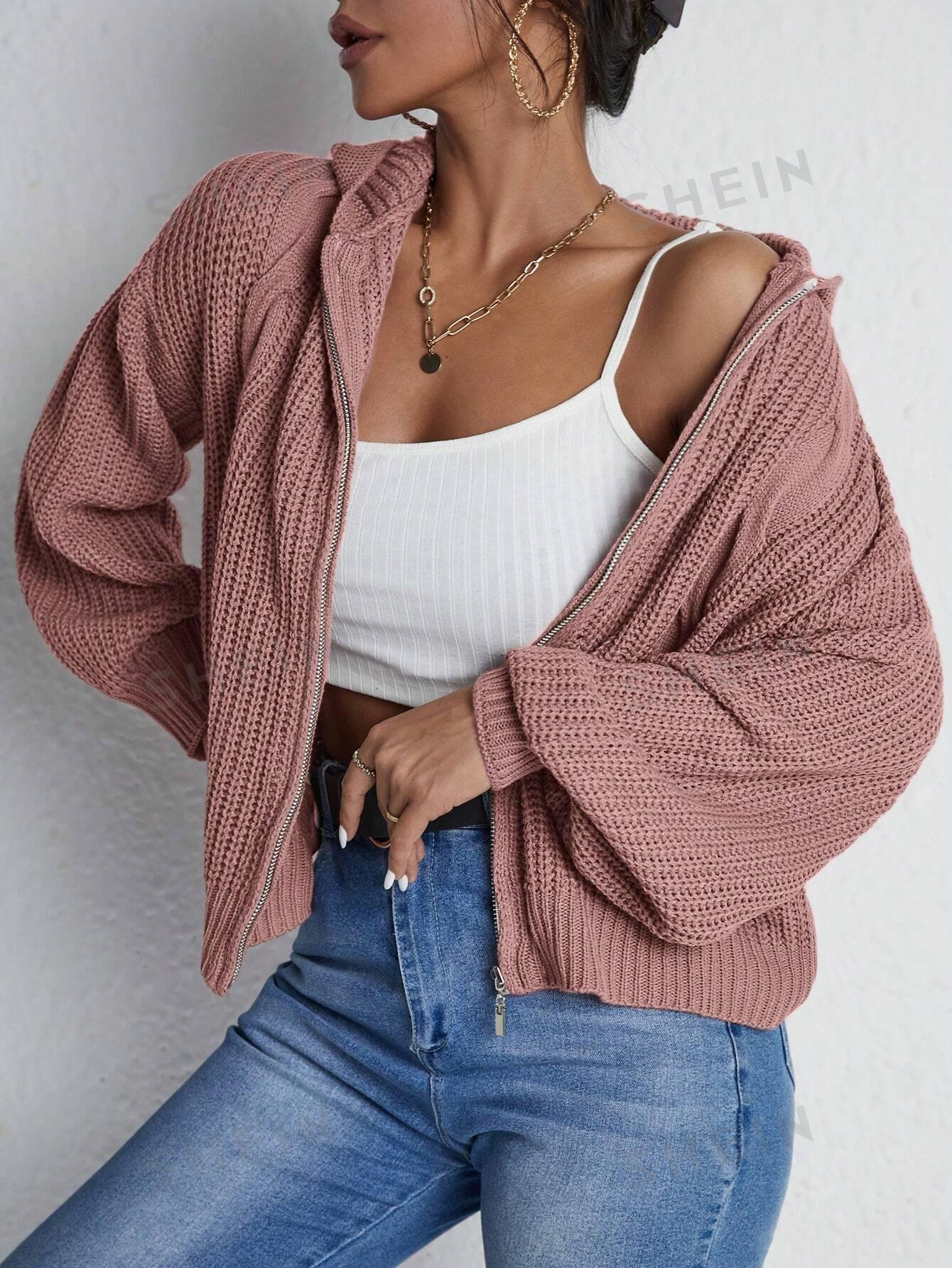 różowy sweter z kapturem splot casual 