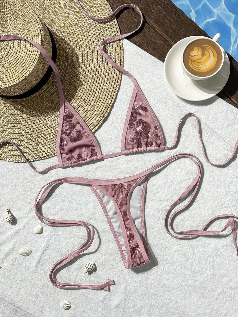 różowy komplet bikini stringi cekiny