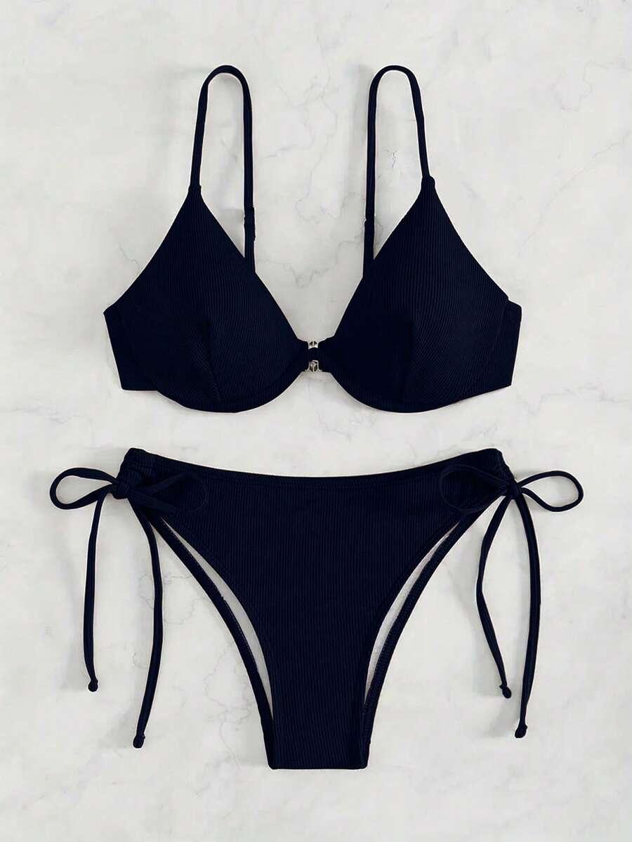 granatowa góra od bikini fiszbiny prążki
