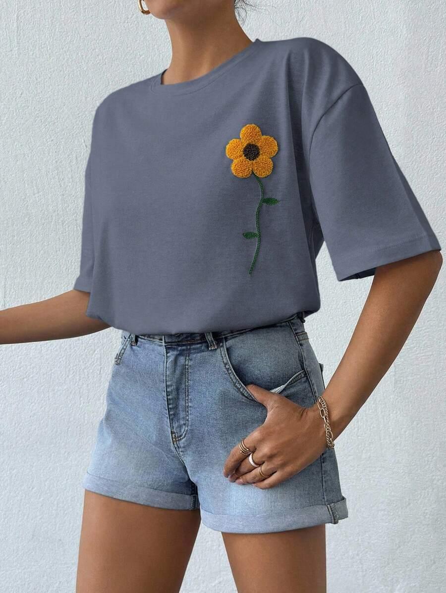 szary T-SHIRT HAFT KWIAT