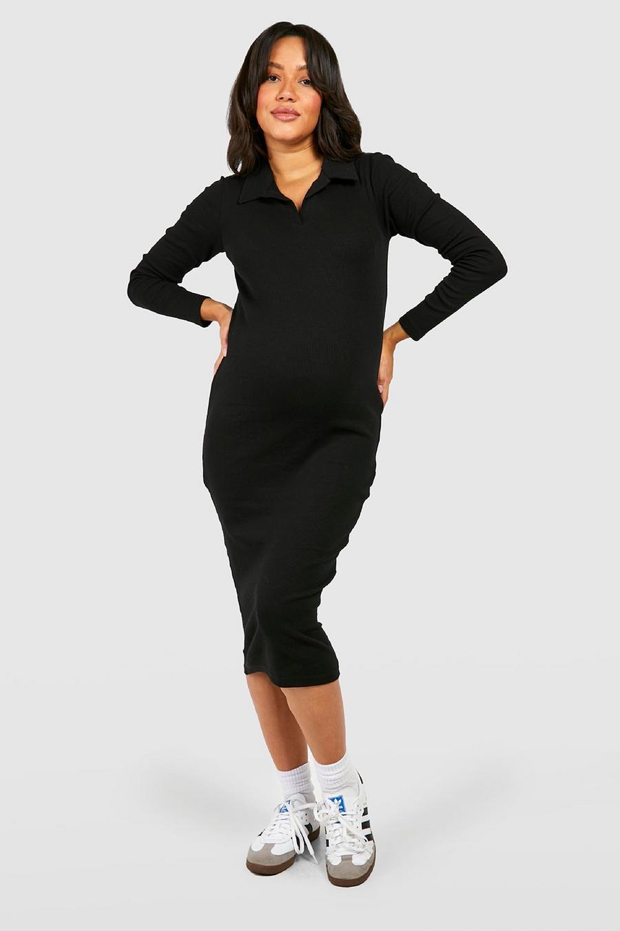 czarna prążkowana sukienka ciążowa midi kołnierzyk