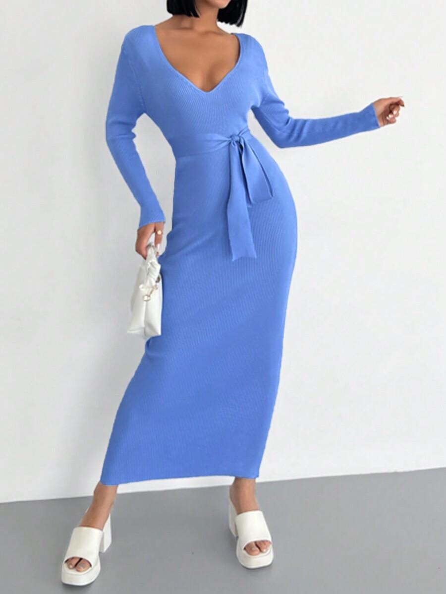 DZIANINOWA MAXI SUKIENKA V NECK PRĄŻKI