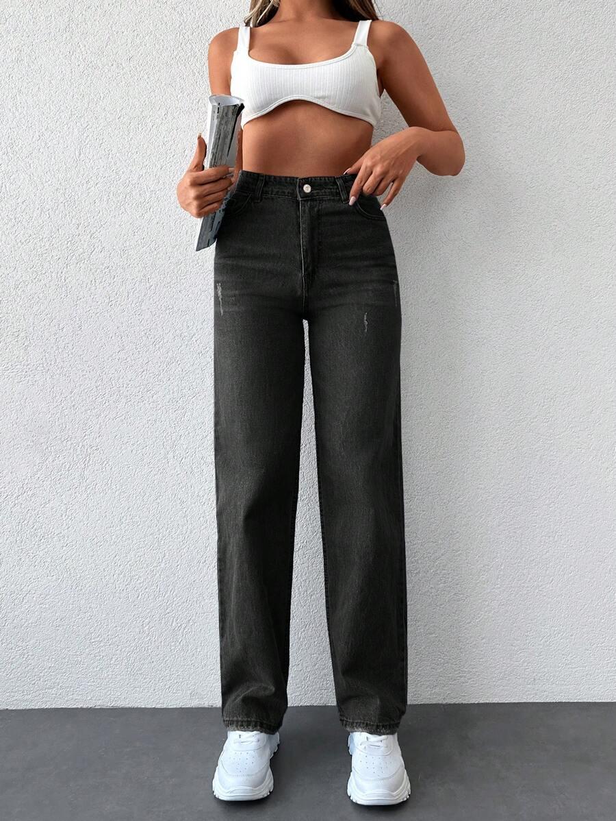 spodnie jeans proste nogawki wysoki stan ripped