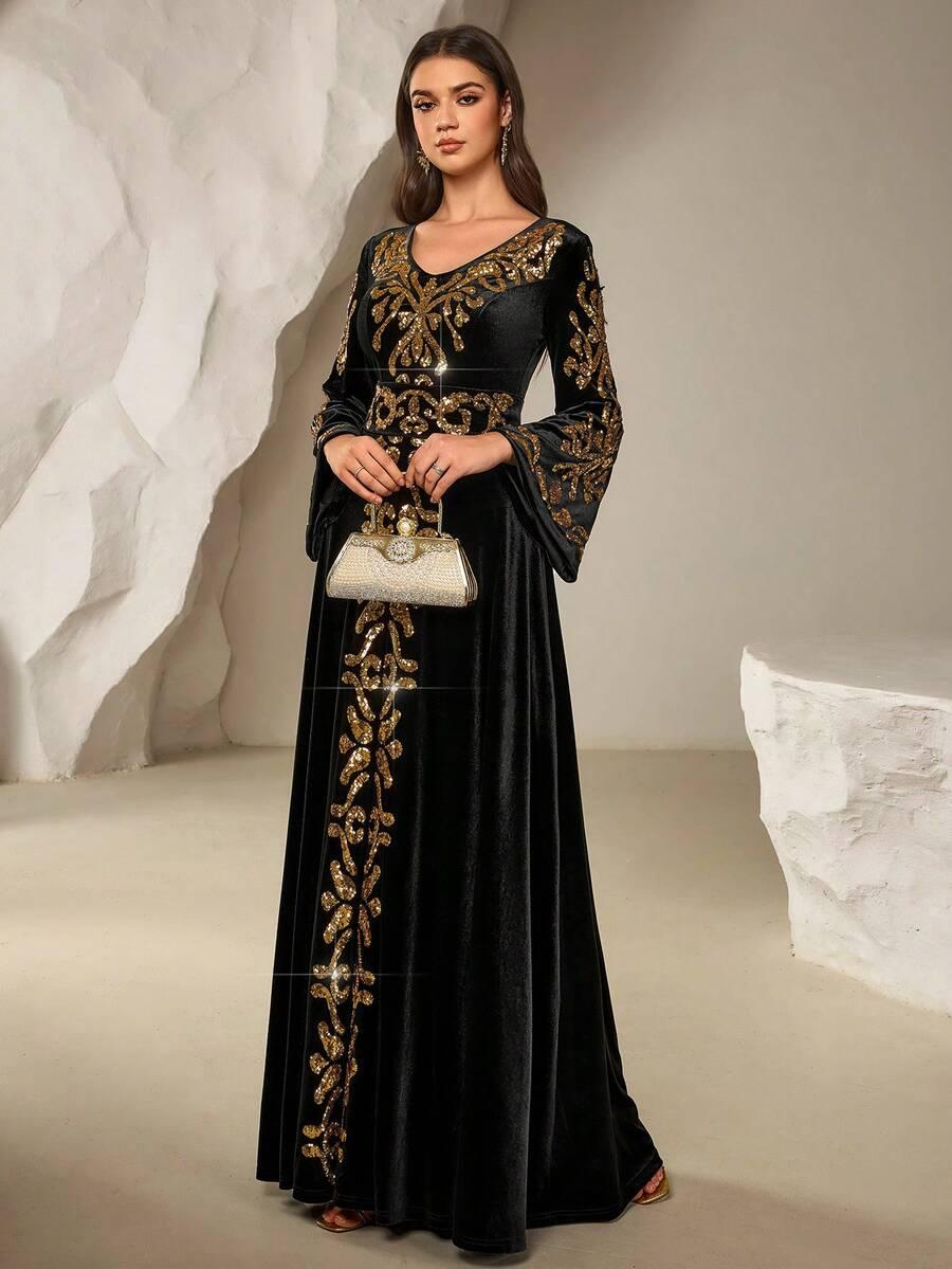 ROZKLOSZOWANA MAXI SUKIENKA V-NECK 