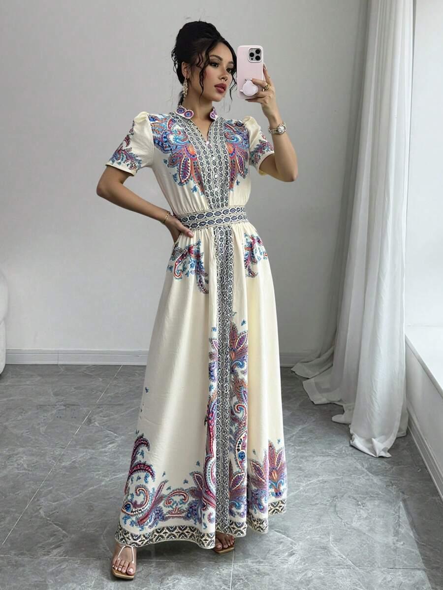 maxi sukienka krótki rękaw v neck wzór