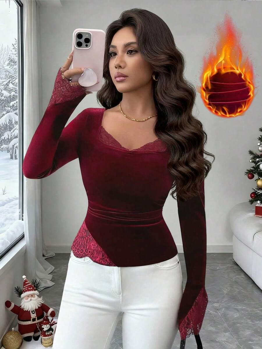 CZERWONA WELUROWA BLUZKA