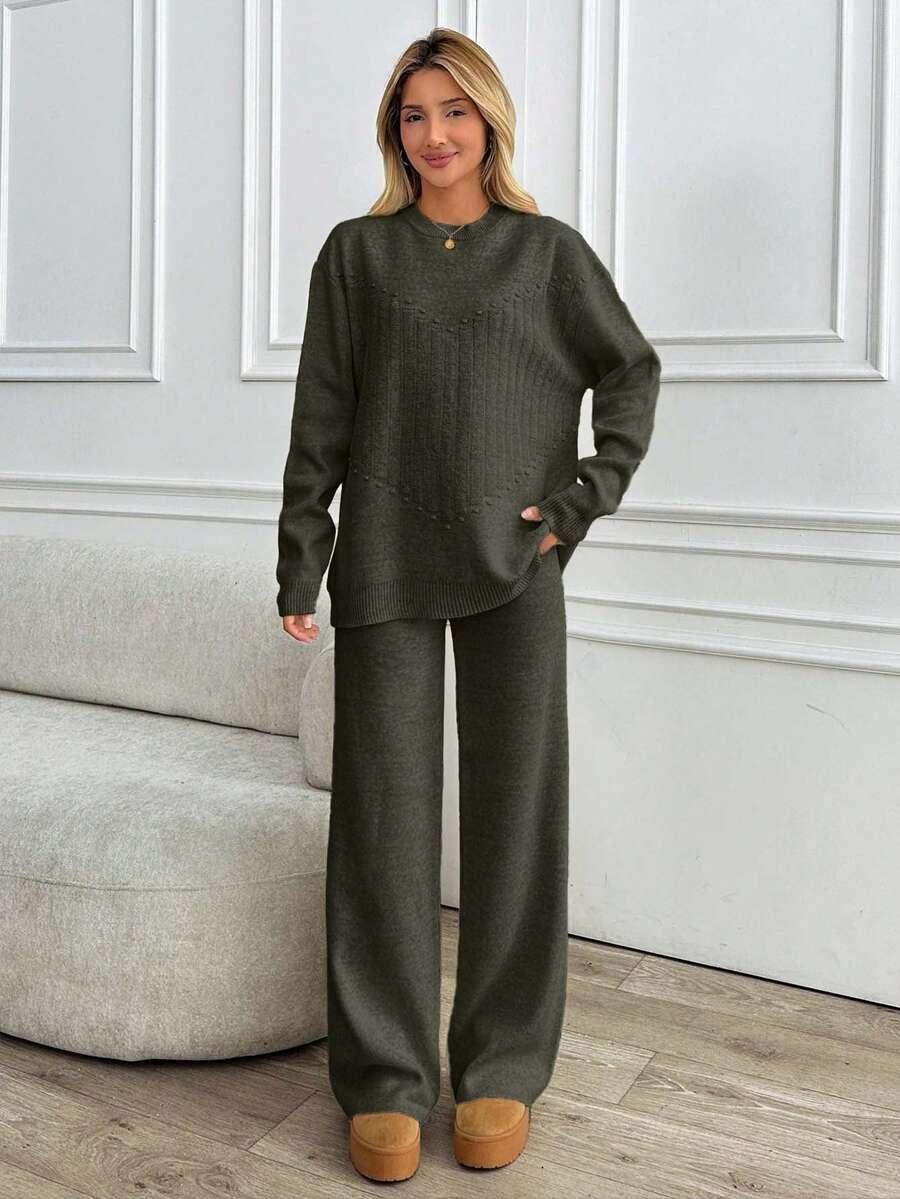 DZIANINOWY KOMPLET SWETER SPODNIE