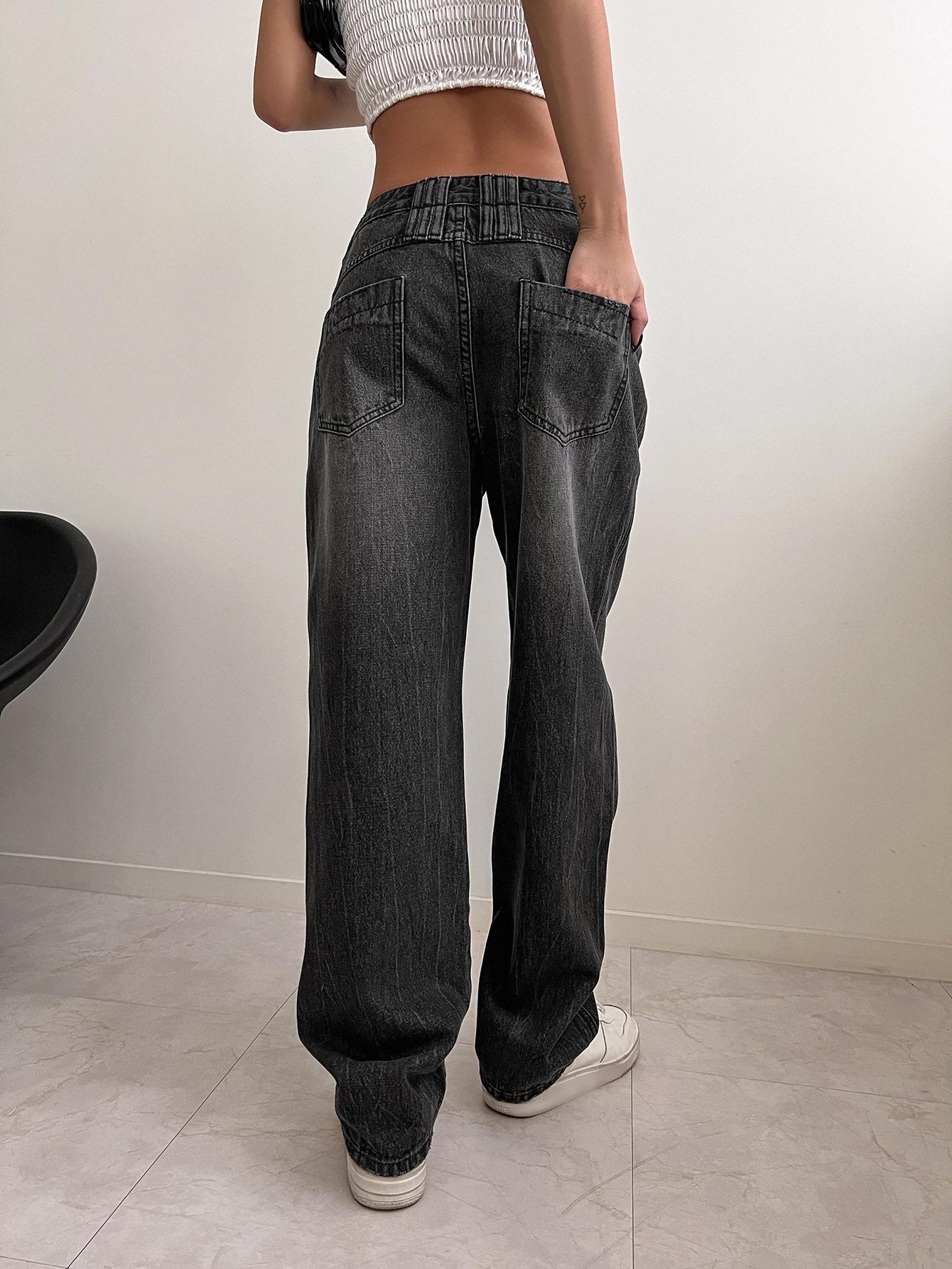 szare spodnie jeans szerokie nogawki kieszenie