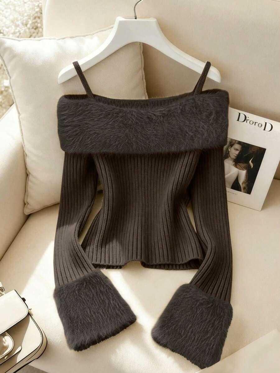 brązowy dzianinowy sweter odkryte ramiona