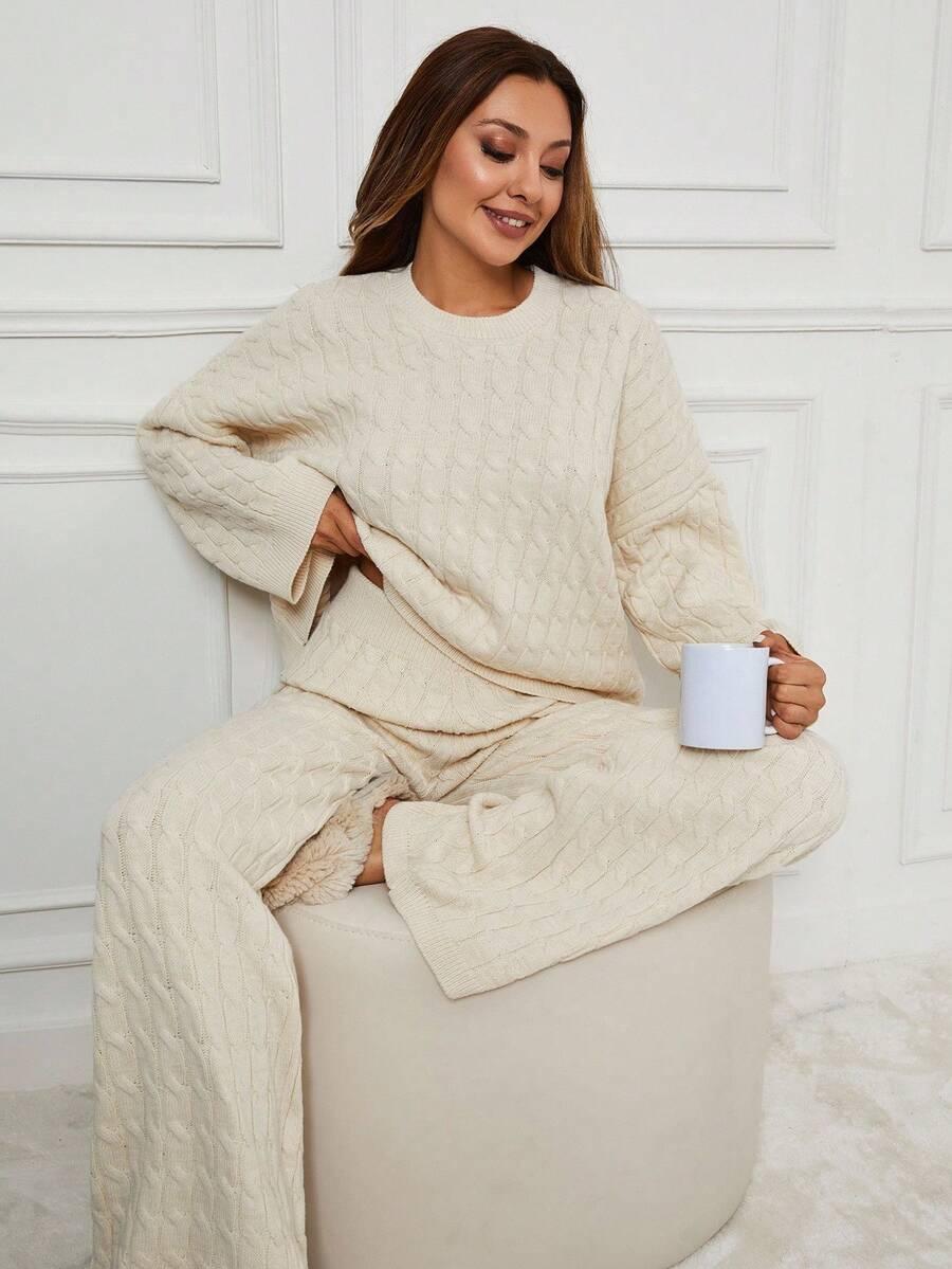 BEŻOWY DZIANINOWY KOMPLET SWETER SPODNIE
