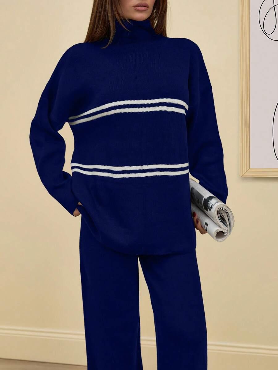 granatowy dzianinowy komplet sweter spodnie