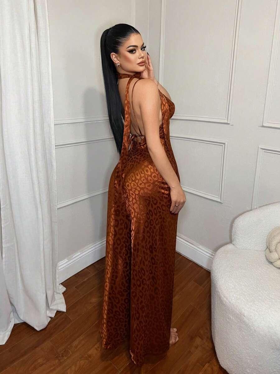 BRĄZOWA MAXI SUKIENKA ANIMAL PRINT