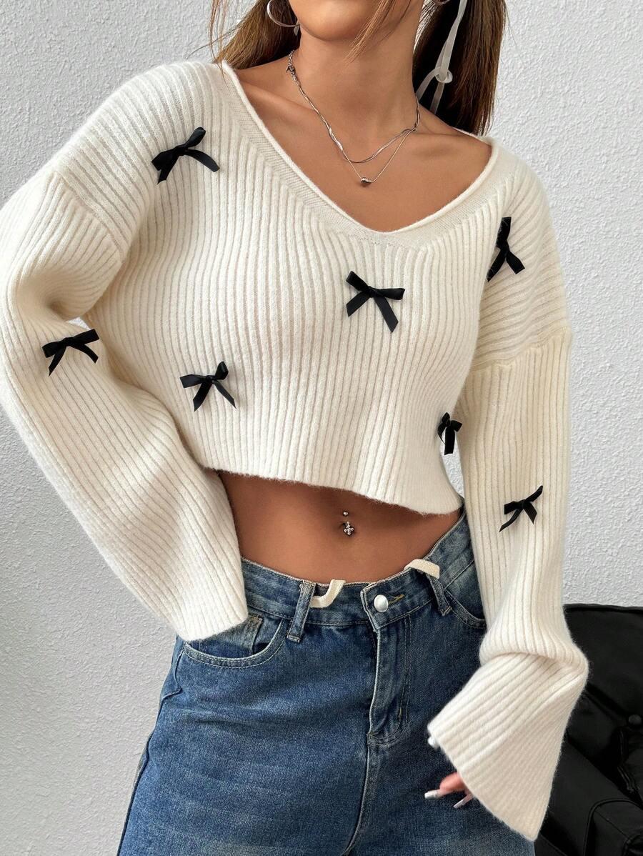 prążkowany sweter v neck kokardy
