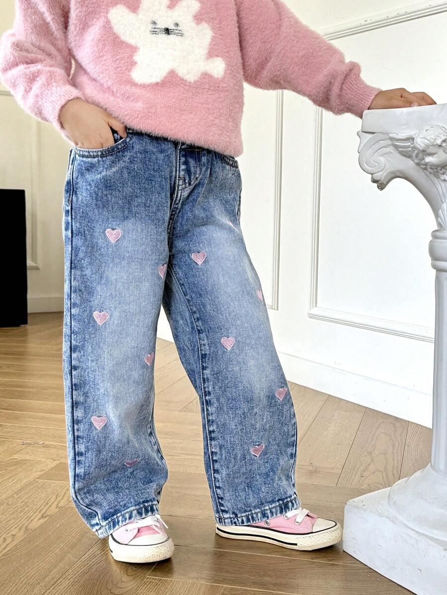 niebieskie spodnie jeans haft serca