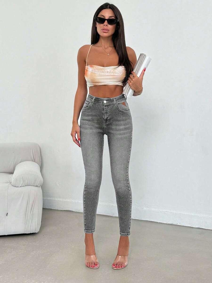 szare SPODNIE JEANS WYSOKI STAN 