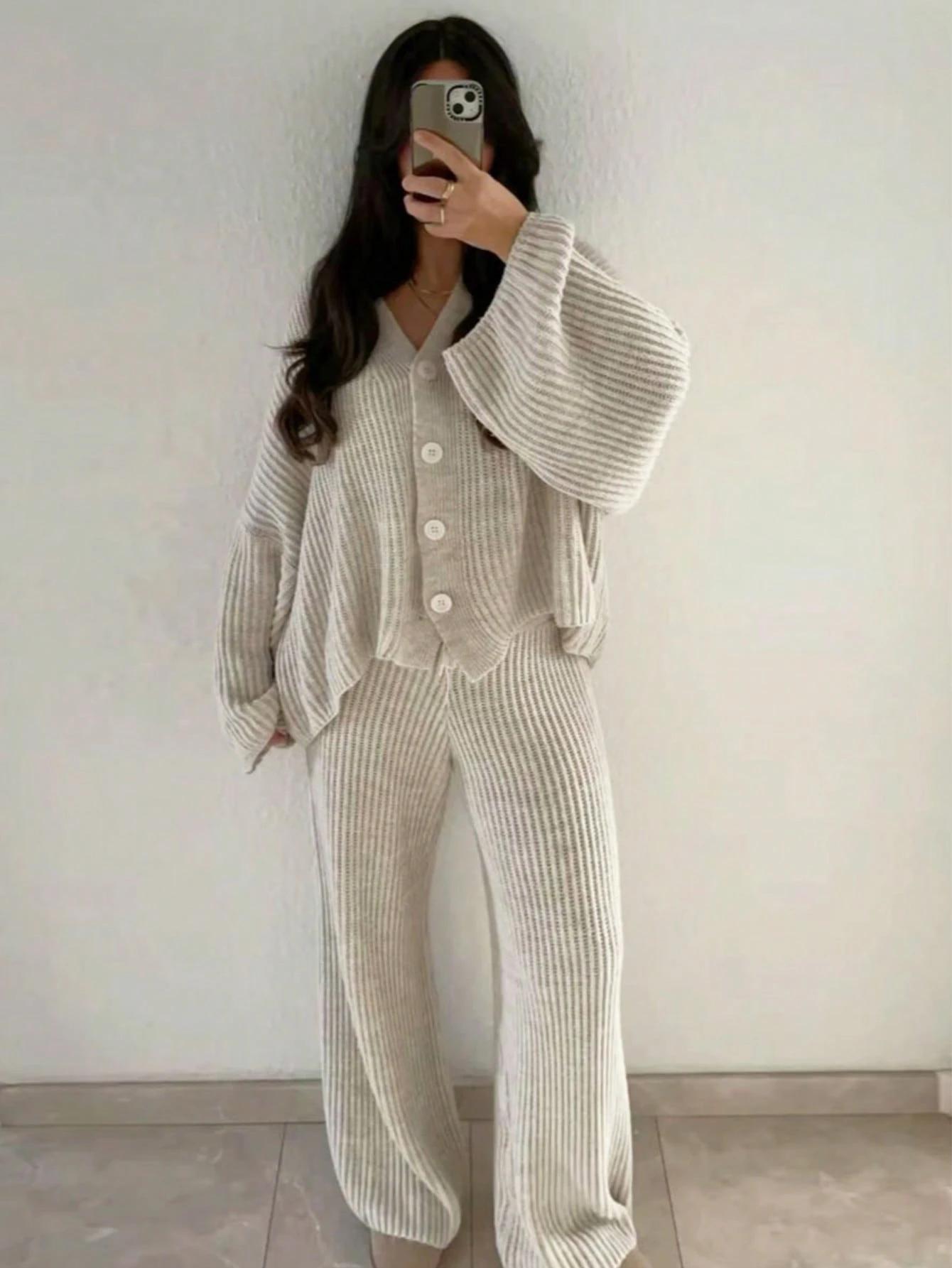 DZIANINOWY KOMPLET SWETER SPODNIE
