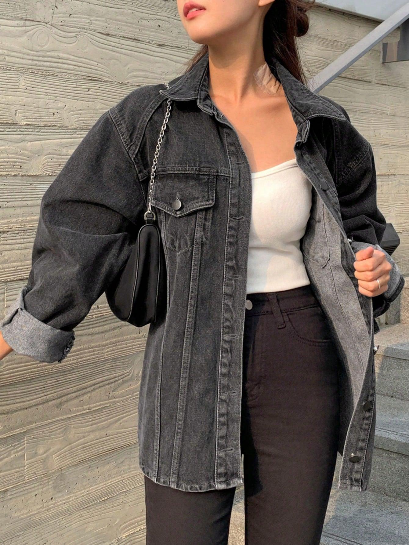 czarna kurtka jeans wiązanie