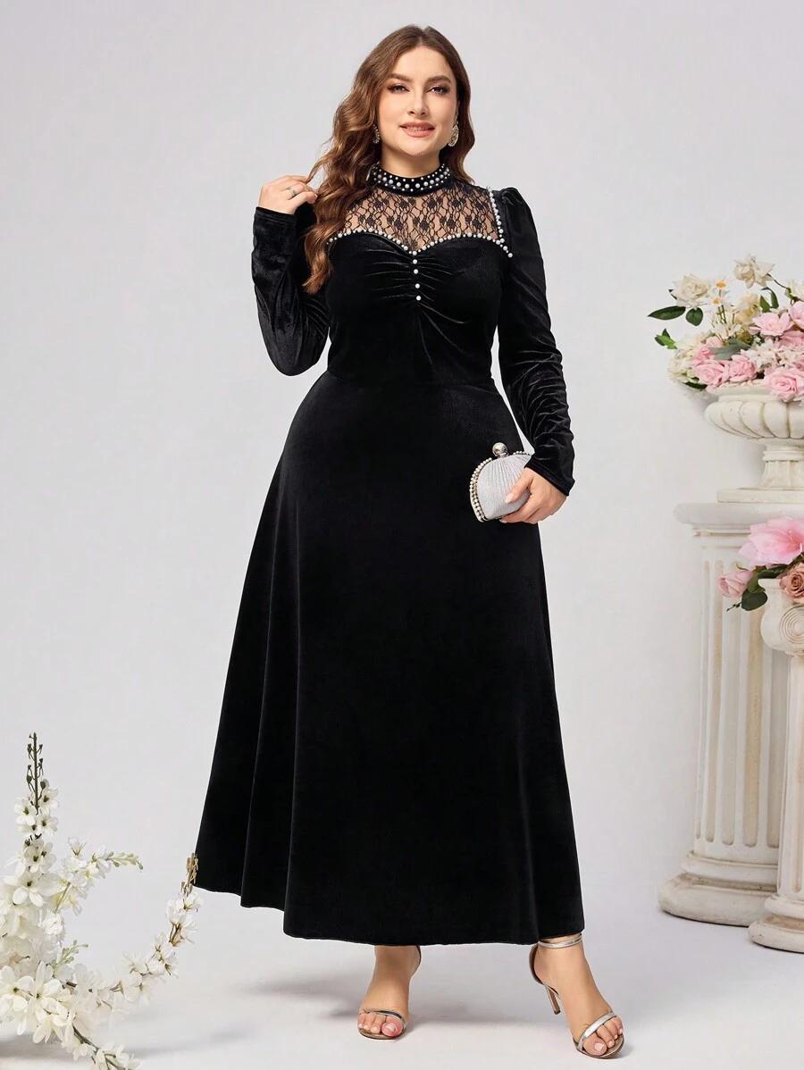 czarna welurowa maxi sukienka zdobienie 