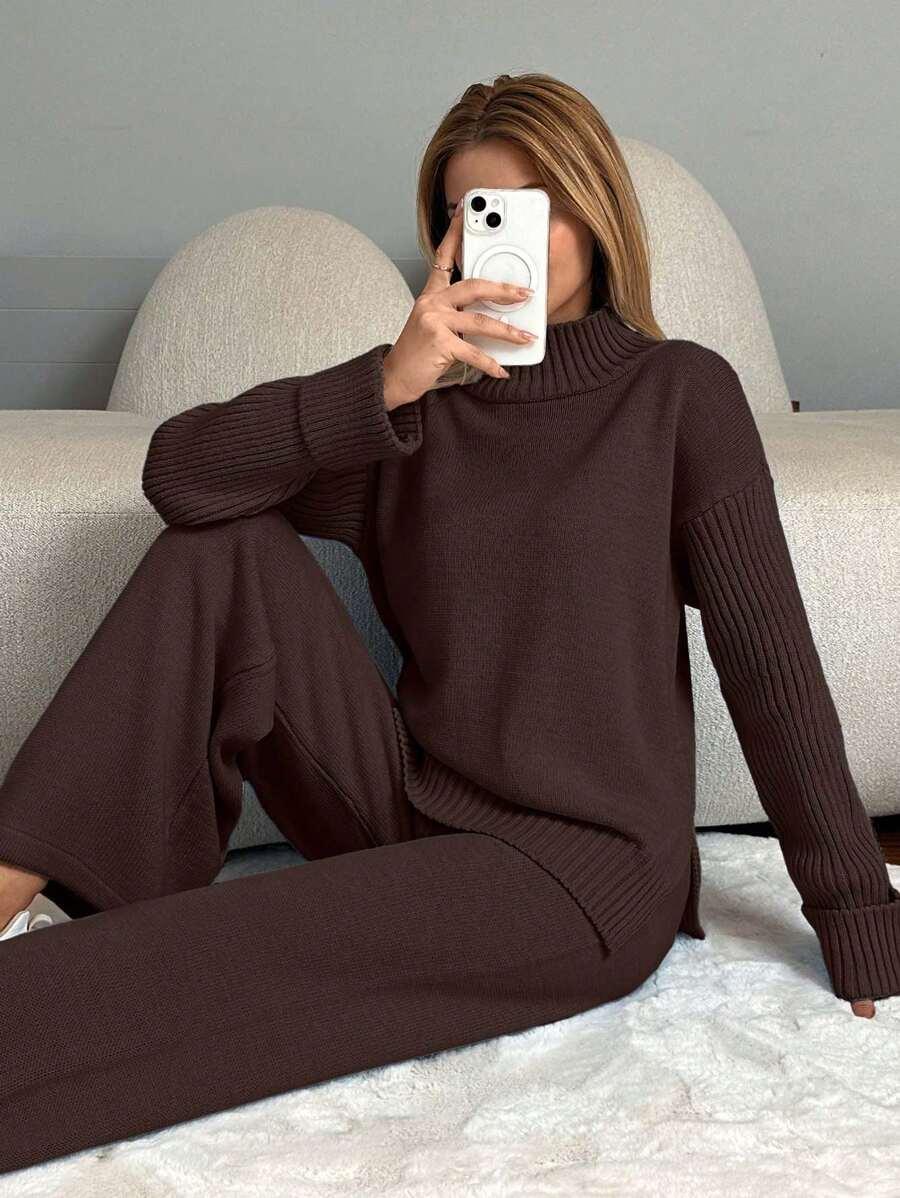 BRĄZOWY KOMPLET SWETER SPODNIE