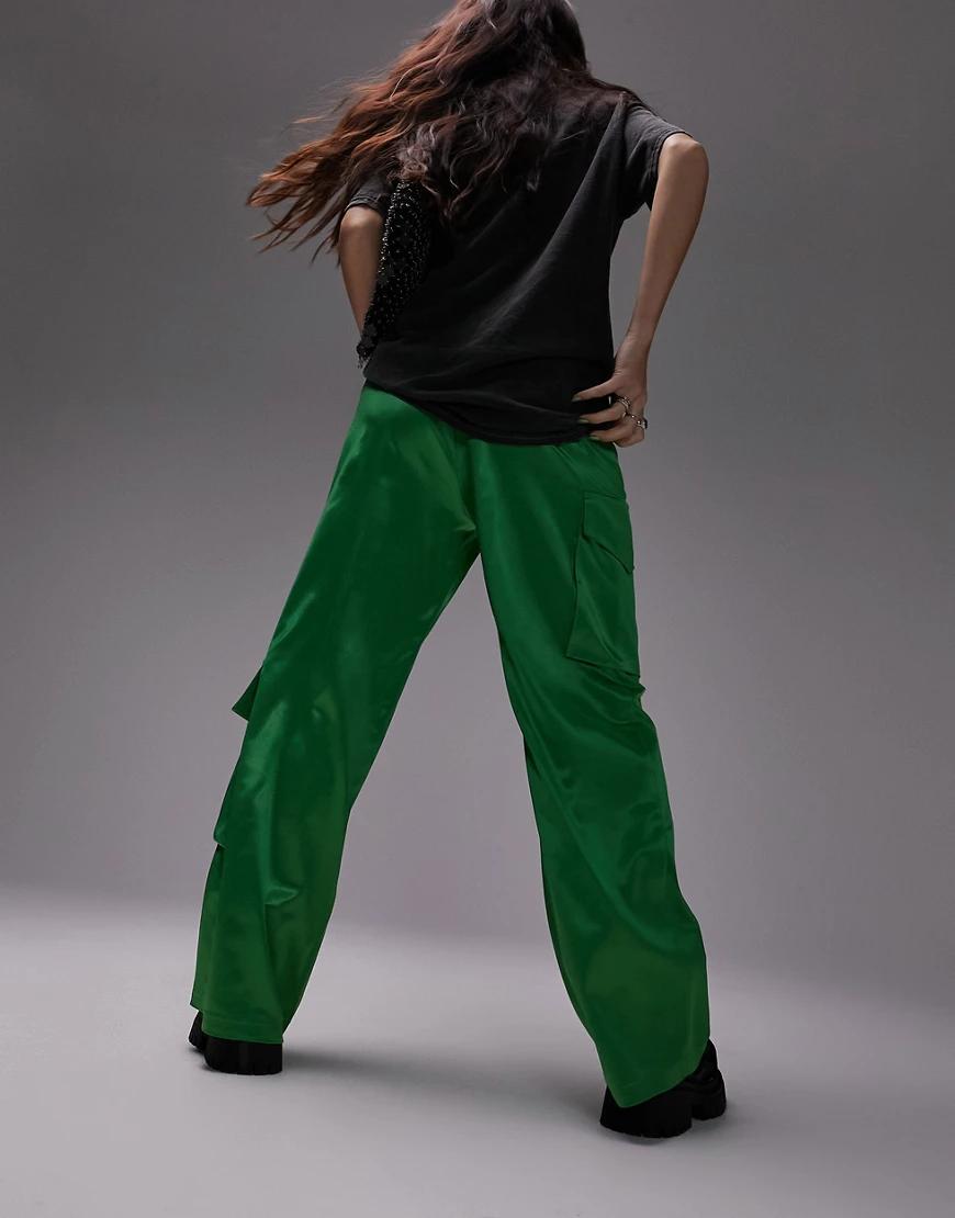 satynowe zielone spodnie szeroka nogawka kieszenie