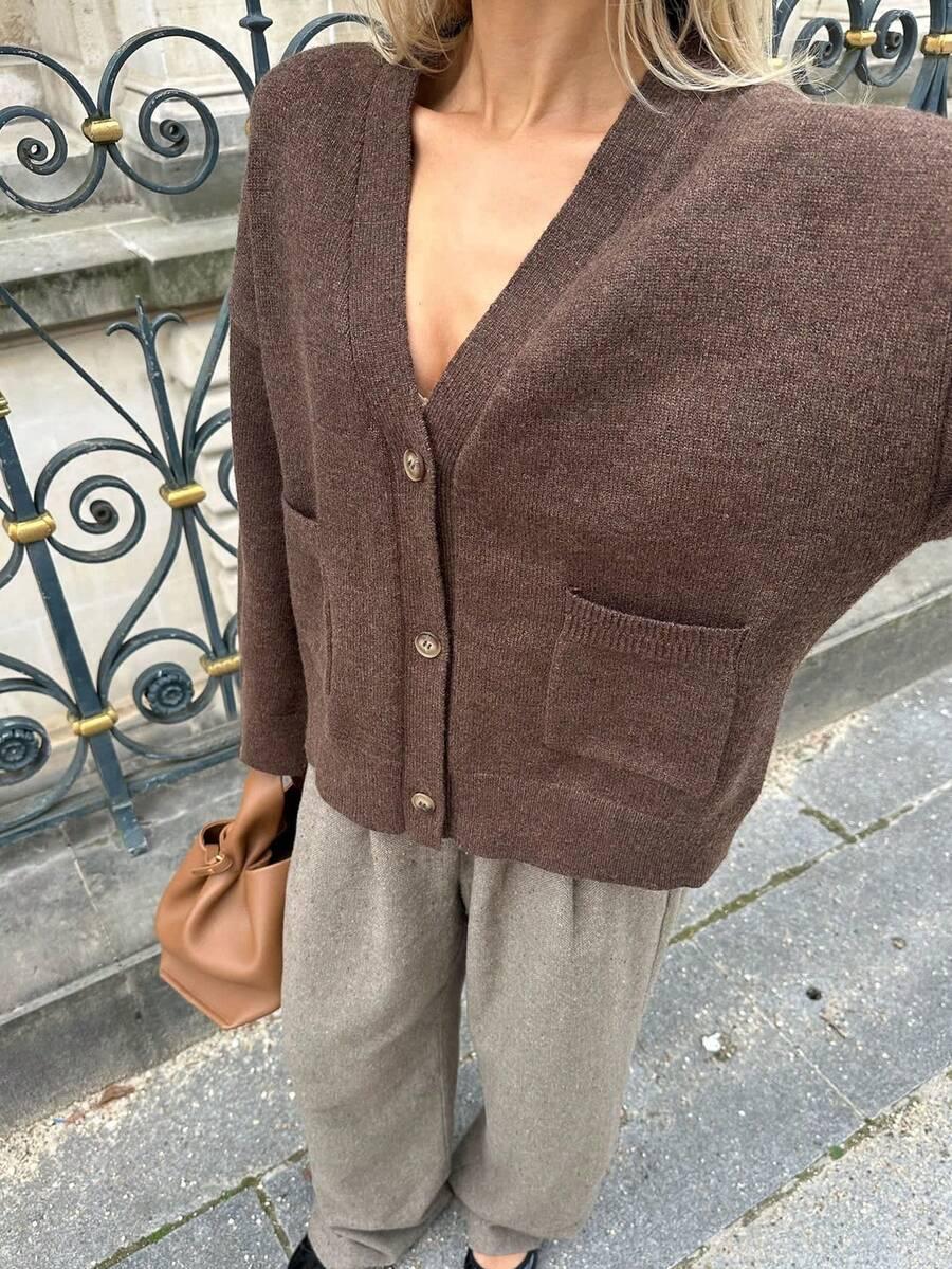 BRĄZOWY DZIANINOWY SWETER GUZIKI 
