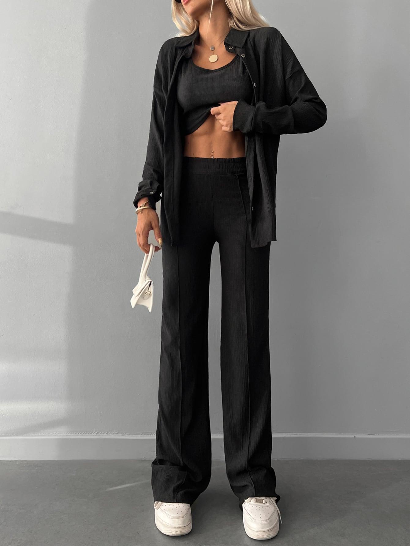 CZARNY KOMPLET TEKSTURA CROP TOP KOSZULA SPODNIE CASUAL
