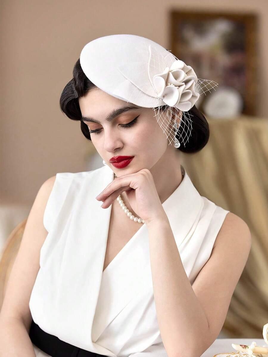 granatowy filcowy toczek beret kwiat zdobienie