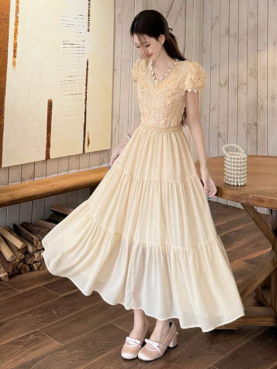 beżowa maxi sukienka v neck 