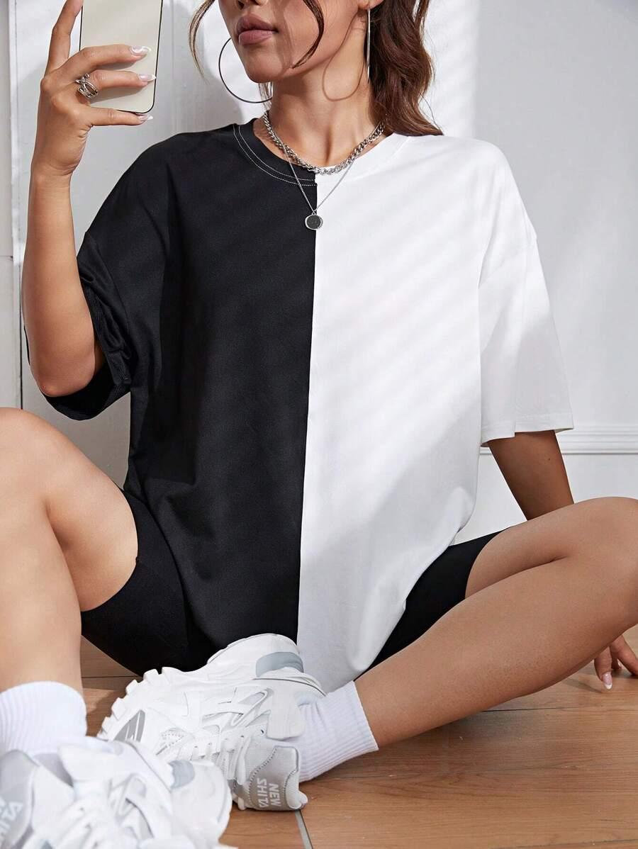 T-SHIRT OKRĄGŁY DEKOLT KONTRAST 