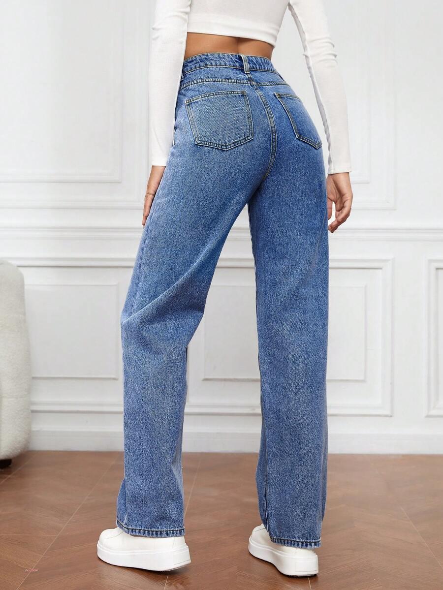 niebieskie spodnie proste jeans wysoki stan