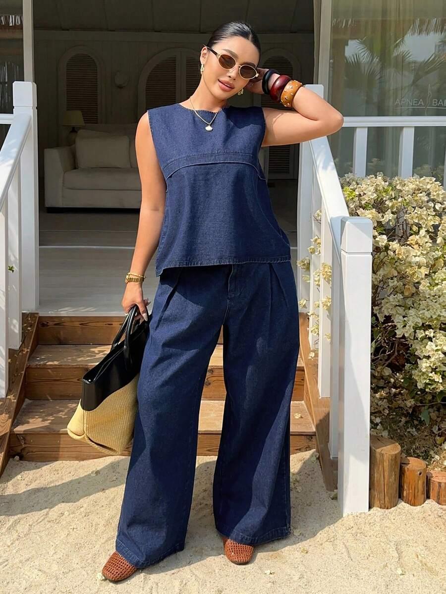 komplet jeans spodnie top